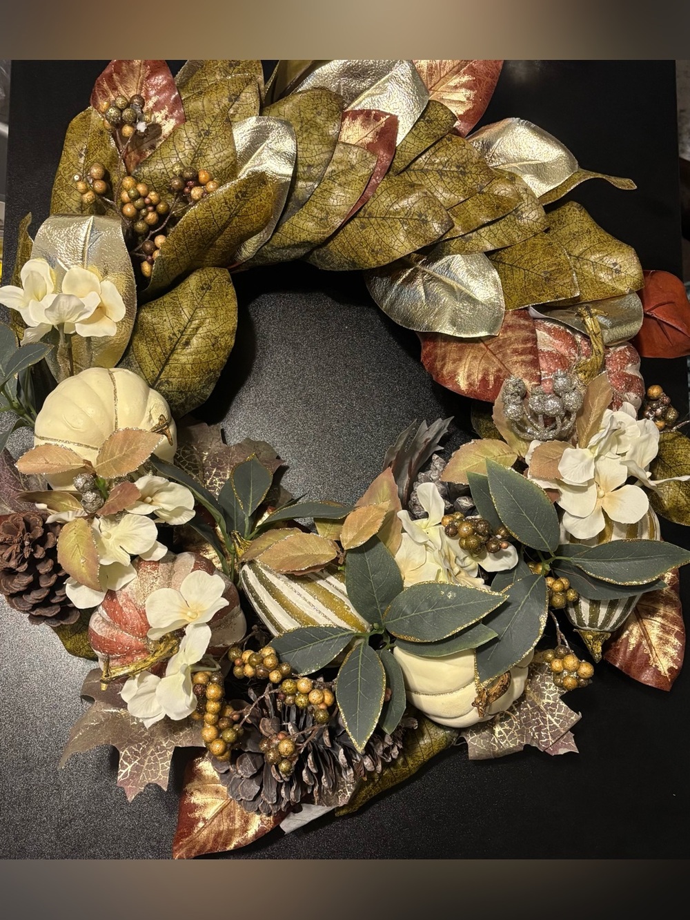 Autumn Harvest Decorative Wreath - Cream, Green & Gold